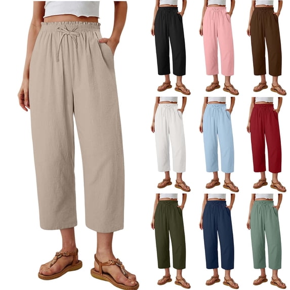 Linen Capri Pants for Women Ihhxva 3/4 Length Solid Color Elastic Waist Adjustable with Pockets Summer Beach Vacation Lounge Cropped S-2XL