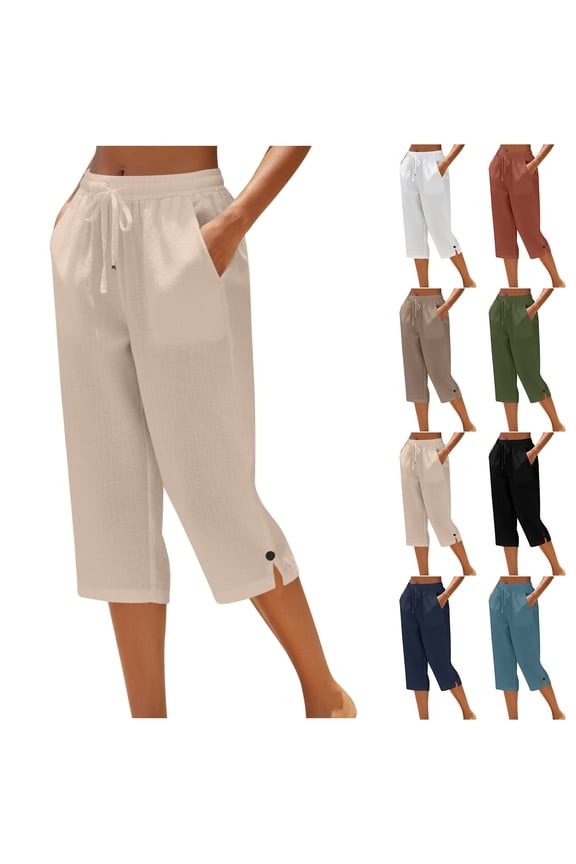Linen Capri Pants for Women Lightweight Elastic Side Button Long Shorts Plus Size Summer Dressy Casual Comfy Capris Black 2XL