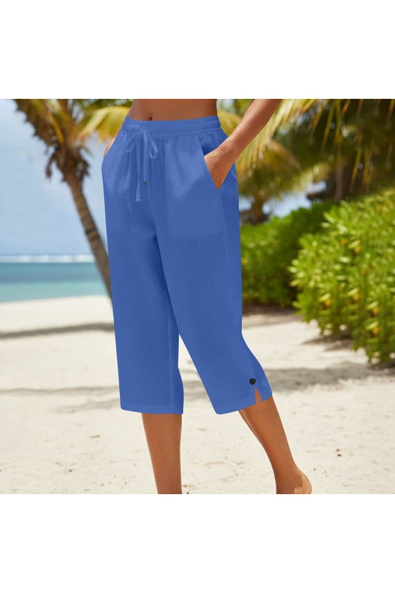 Linen Capri Pants for Women Loose Fit Petite Straight Leg Drawstring Elastic Waist Cropped Pant Casual Summer Linen Clothes Royal Blue L