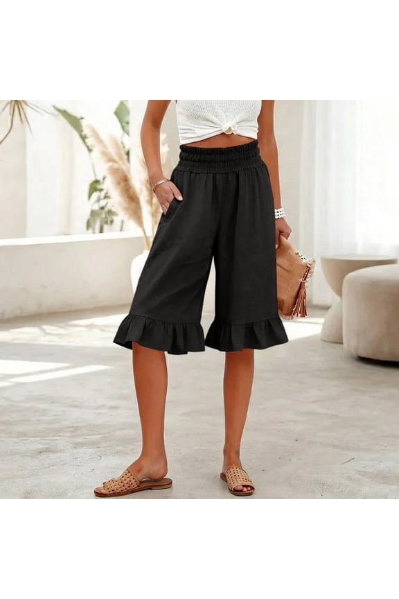 Linen Capri Pants for Women Smocked Elastic Waist Capris Pant Beach Summer Ruffle Boho Pants with Pockets Black 2XL