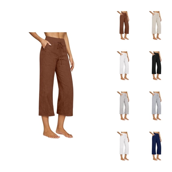 Linen Capri Pants for Women Spring Summer Elastic High Waist Wide Leg Casual Capris Cropped Pants with Pockets