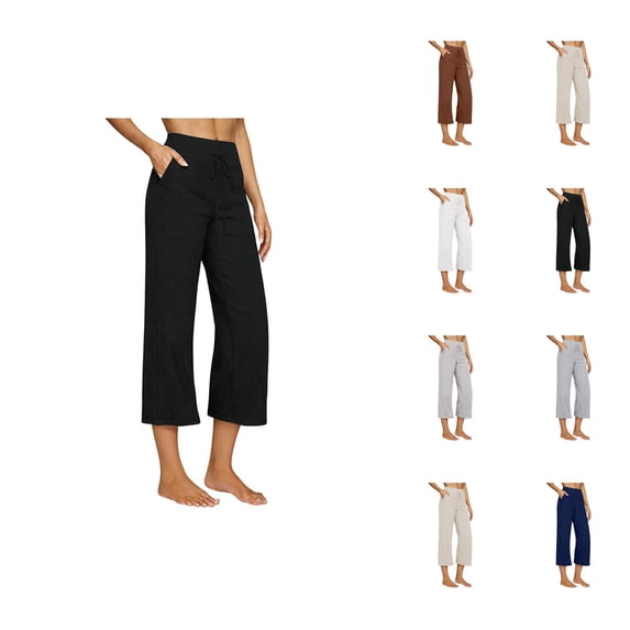 Linen Capri Pants for Women Spring Summer Elastic High Waist Wide Leg Casual Capris Cropped Pants with Pockets