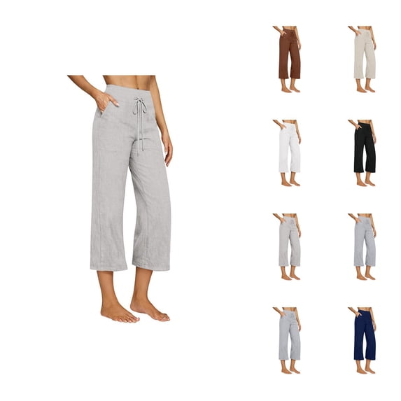 Linen Capri Pants for Women Spring Summer Elastic High Waist Wide Leg Casual Capris Cropped Pants with Pockets