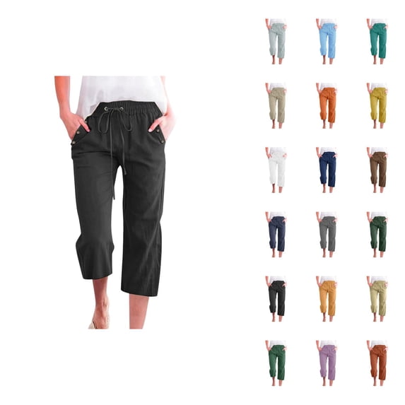 Linen Capri Pants for Women Spring Summer Elastic Waist Straight Leg Loose Fit Lightweight Cropped Pants with Pockets