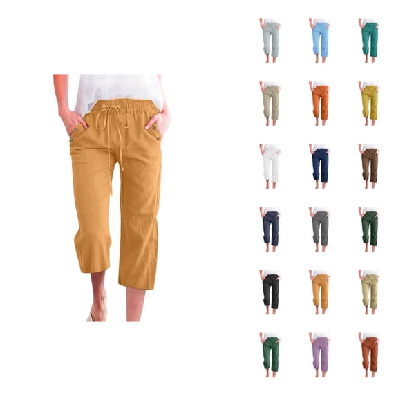 Linen Capri Pants for Women Spring Summer Elastic Waist Straight Leg Loose Fit Lightweight Cropped Pants with Pockets