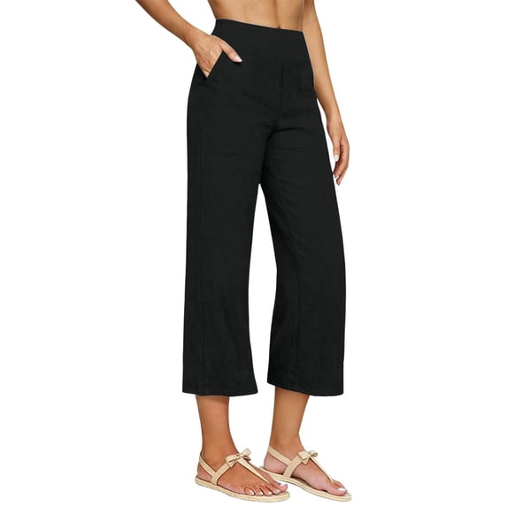 Linen Capri Pants for Women Straight Leg Loose Fit Summer Capris High Waisted Pull On Casual Cropped Trousers with Pockets