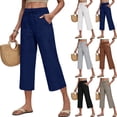 thumbnail image 1 of Linen Capri Pants for Women Summer 2026 Wide Leg Loose Fit Drawstring Elastic High Waisted Beach Cropped Trousers Navy XXL, 1 of 4