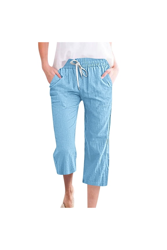 Linen Capri Pants for Women Summer Casual Plain Shorts for Going Out Lightweight Travel Cropped Pants Beach Vacation Clothes, Light Blue, Medium