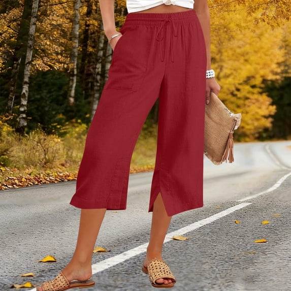 Linen Capri Pants for Women Summer High Waisted Drawstring Cotton Linen Capris Pant Womens Casual Solid Loose Fits Lightweight Cropped Pant