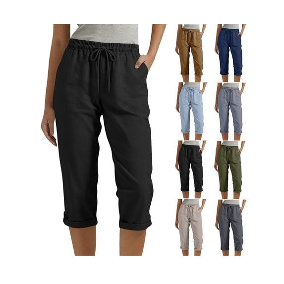 Linen Capri Pants for Women Summer Straight Leg Capris Pants Casual Loose Wide Leg Cropped Pants Vacation Outfits