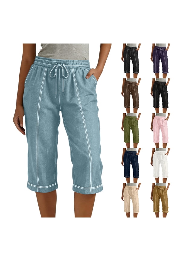 Linen Capri Pants for Women Summer Straight Leg Pedal Pushers Elastic Wasited Drawstring Trousers with Pockets Light Blue S