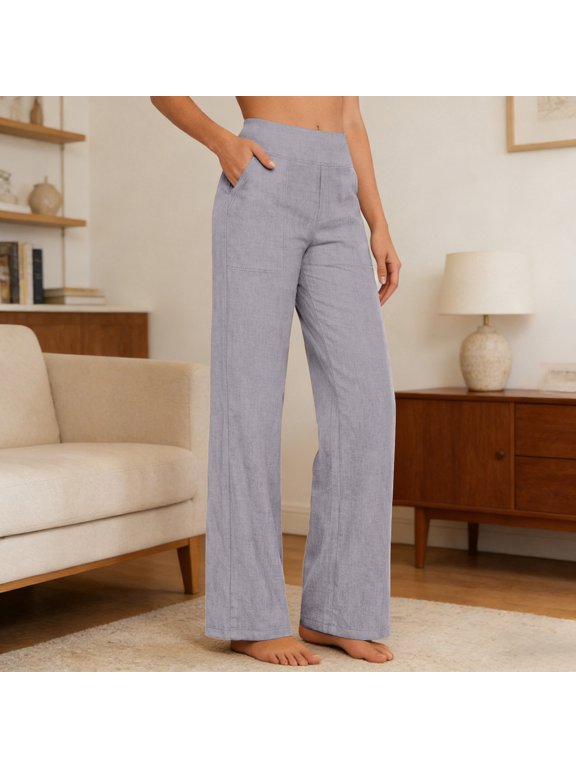 Linen Capri Pants for Women Wide Leg Capris Pant Summer Boho Dressy Casual Elastic Waist Beach Trousers with Pockets