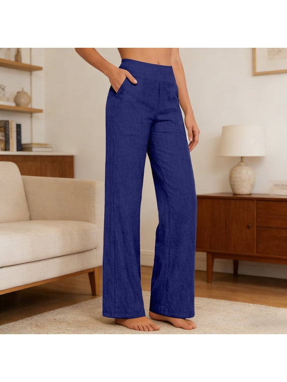 Linen Capri Pants for Women Wide Leg Capris Pant Summer Boho Dressy Casual Elastic Waist Beach Trousers with Pockets