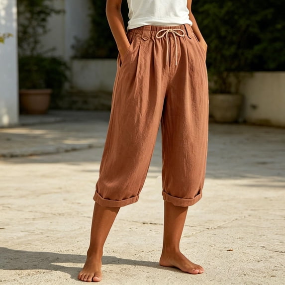 Linen Capri Pants for Women Wide Leg Summer Capris with Pockets, 2XL