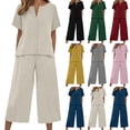 thumbnail image 1 of Linen Capri Set Women 2 Piece Outfits V Notch Short Sleeve Button Down Shirts Summer Flowy Crop Wide Leg Pants Sets, M, 1 of 7