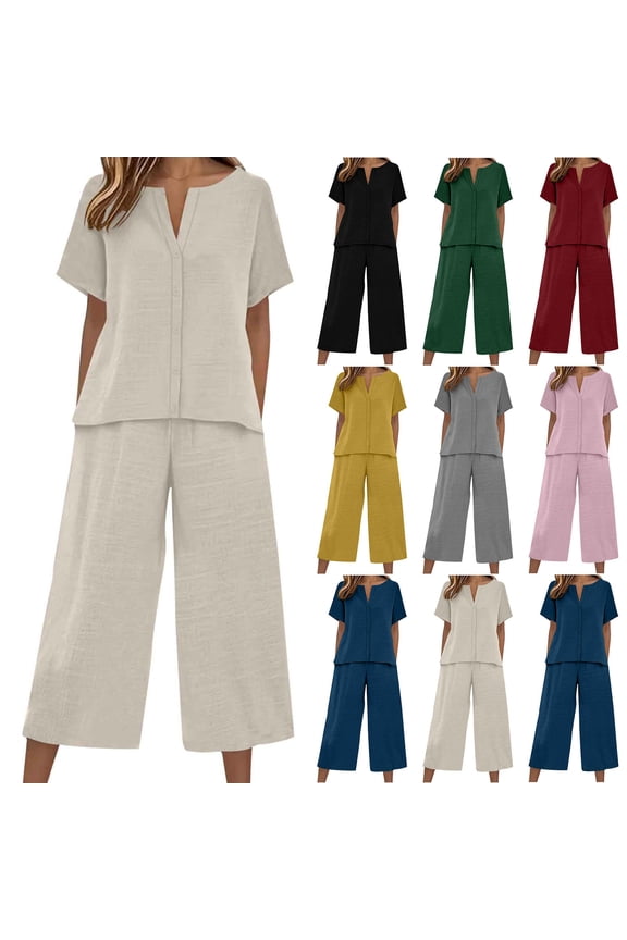 Linen Capri Set Women 2 Piece Outfits V Notch Short Sleeve Button Down Shirts Summer Flowy Crop Wide Leg Pants Sets, S