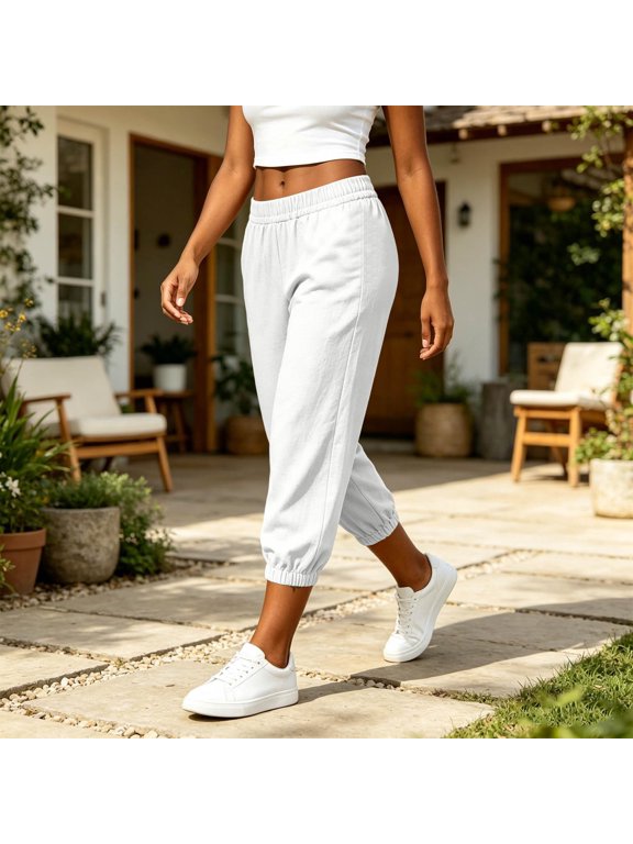 Linen Capris Cuffed Ankle Womens Capri Pants Wide Leg Cropped Pants for Women Elastic Waist Capris for Women Womens Lightweight Capris for Summer Beach Pants Women White S