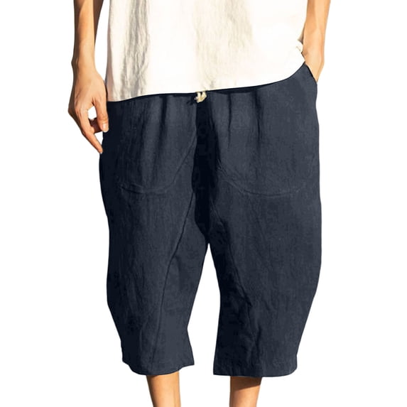 Linen Capris Pants Men Summer Hawaiian Beach Drawstring Elastic Waist Loose Vacation Shorts Fathers Day Gift