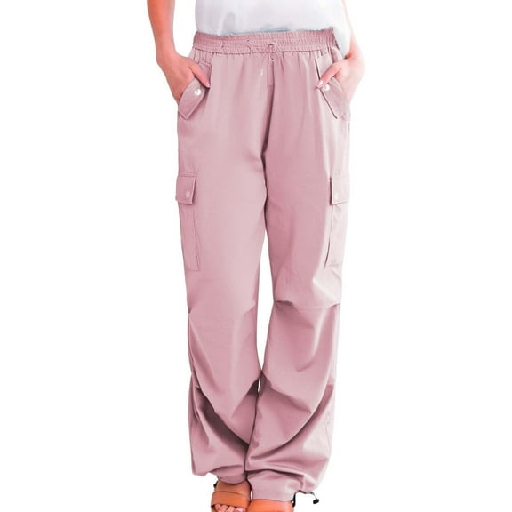 Linen Capris Pants for Women Cargo Pants Women Drawstring Elastic Waist Straight Leg Long Trousers with Pockets Loose Casual Hiking Pants Women's Plus