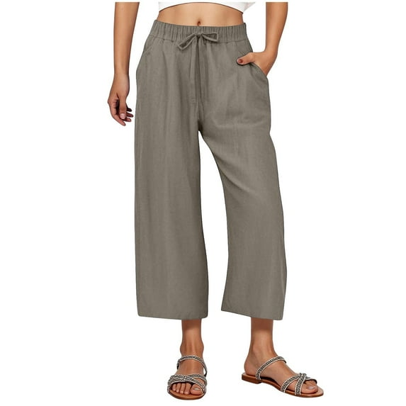 Linen Capris Pants Women's Linen Drawstring Capris, Elastic Waist Loose Wide Leg Cropped Pants with Pockets for Summer Casual Beach Vacation Dark Gray L