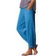thumbnail image 1 of Linen Capris Pants for Women,High Elastic Waisted Drawstring Crop Trouser,Straight Wide Leg Cropped Pant with Pockets Dark Blue XXL, 1 of 5