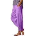thumbnail image 1 of Linen Capris Pants for Women,High Elastic Waisted Drawstring Crop Trouser,Straight Wide Leg Cropped Pant with Pockets Purple L, 1 of 5