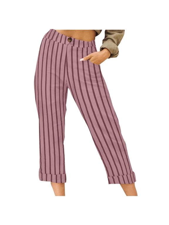 Linen Capris Womens Trousers Summer Boho Stripe Print Elastic Waisted Pull On Cropped Pants Wide Leg Harem Pants Ladies Casual Lightweight Lounge Palazzo Beach Bottoms Pink L