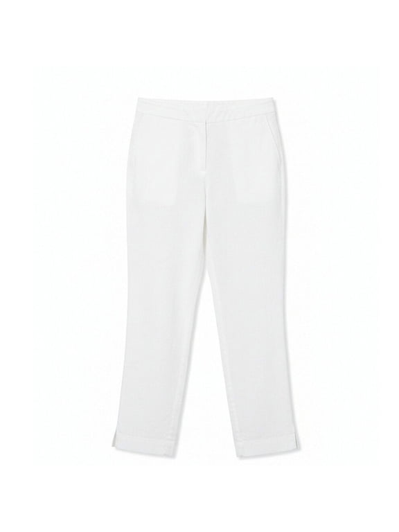 Linen Capris for Women Casual Summer Solid Stretch Pull on Side Split Cropped Trousers with Pockets, White, L