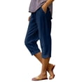 thumbnail image 1 of Linen Capris for Women Petite Pull On Straight Leg Cropped Pants Summer Elastic Waist Lightweight Casual Trousers With Pockets Navy M, 1 of 7