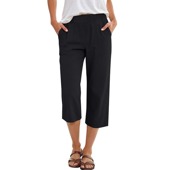 Linen Capris for Women Summer Casual High Waisted Crop Pants with Pockets Wed Leg Lounge Trousers Boho Beach Clothes, Black L