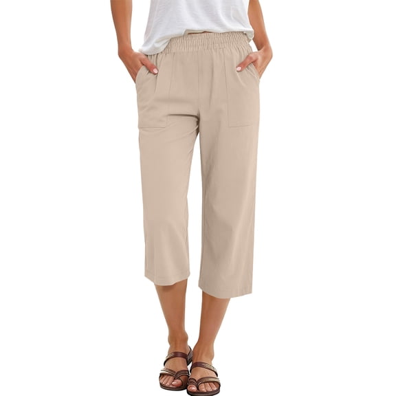 Linen Capris for Women Summer Casual High Waisted Crop Pants with Pockets Wed Leg Lounge Trousers Boho Beach Clothes, Khaki M