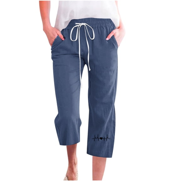 Linen Capris for Women Summer Casual Loose Fit Cropped Pants Drawstring Elastic Waist Solid Lounge Pant with Pockets