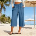 thumbnail image 1 of Linen Capris for Women Wide Leg Petite Pull On Pants with Drawstring Elastic Waist Casual Cropped Pants Light Blue 2XL, 1 of 6