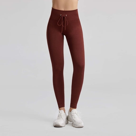 Linen Capris for Women Women's High Waist Drawstring Leggings Seamless Ribbed Yoga Pants for Loungewear Casual Gym Fitness Wear Coffee L