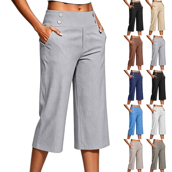 Linen Capris for Women with Pockets Pull on Petite Long Shorts Dressy Casual Cropped Pant Casual Summer Clothes Gray 2XL