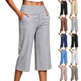thumbnail image 1 of Linen Capris for Women with Pockets Pull on Petite Long Shorts Dressy Casual Cropped Pant Casual Summer Clothes Gray S, 1 of 9