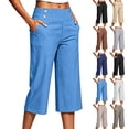 thumbnail image 1 of Linen Capris for Women with Pockets Pull on Petite Long Shorts Dressy Casual Cropped Pant Casual Summer Clothes Light Blue L, 1 of 9
