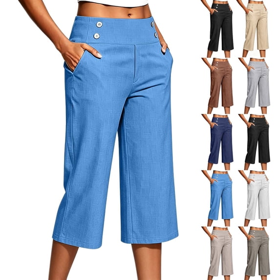 Linen Capris for Women with Pockets Pull on Petite Long Shorts Dressy Casual Cropped Pant Casual Summer Clothes Light Blue S