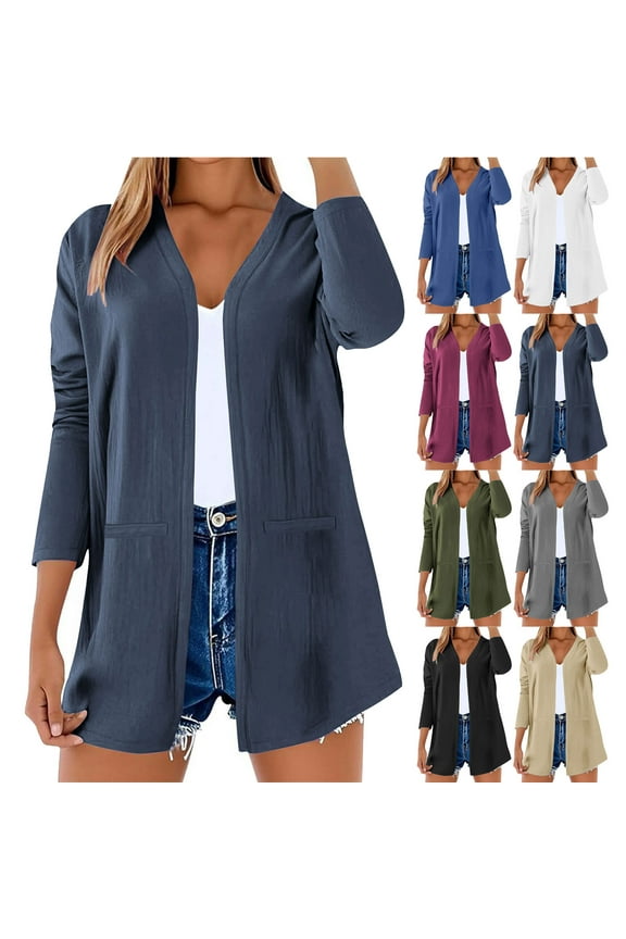 Linen Cardigans for Women Long Sleeve V Neck Open Front Shirts Blouses with Pockets Loose Fit Casual Lightweight Cover Up for Spring Fall | CSEONE,Beige L