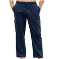 thumbnail image 1 of Linen Cargo Pants Men Multi-Pockets Hiking Elastic Waist Drawstring Outdoor Trousers Fathers Day Gift, 1 of 6