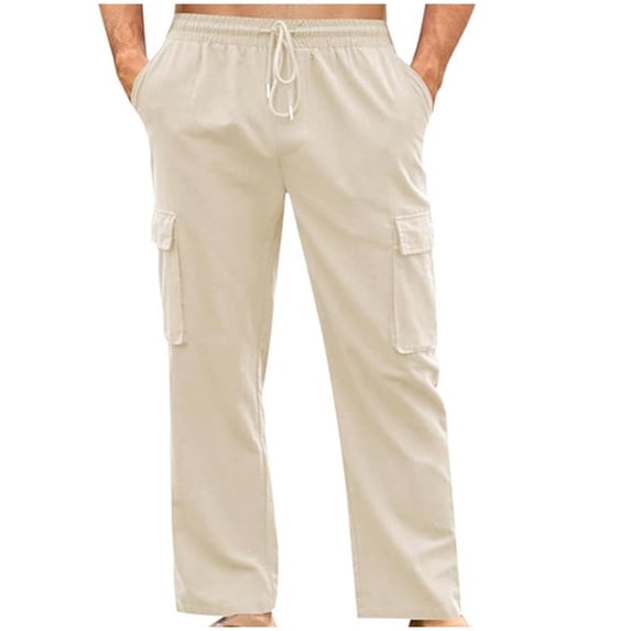 Linen Cargo Pants Men Multi-Pockets Hiking Elastic Waist Drawstring Outdoor Trousers Fathers Day Gift