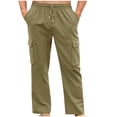 thumbnail image 1 of Linen Cargo Pants Men Multi-Pockets Hiking Elastic Waist Drawstring Outdoor Trousers Fathers Day Gift, 1 of 6