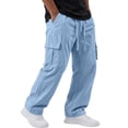 thumbnail image 1 of Linen Cargo Pants for Men Relaxed fit Drawstring Elastic Waist Beach Pants Summer Casual Multi Pockets Hiking Pants, L, 1 of 4