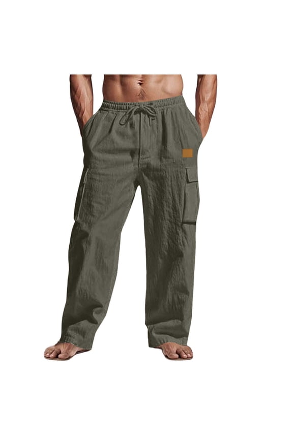 Linen Cargo Pants for Men Summer Lightweight Elastic Waist Pants with Pockets Relaxed Fits Beach Trousers
