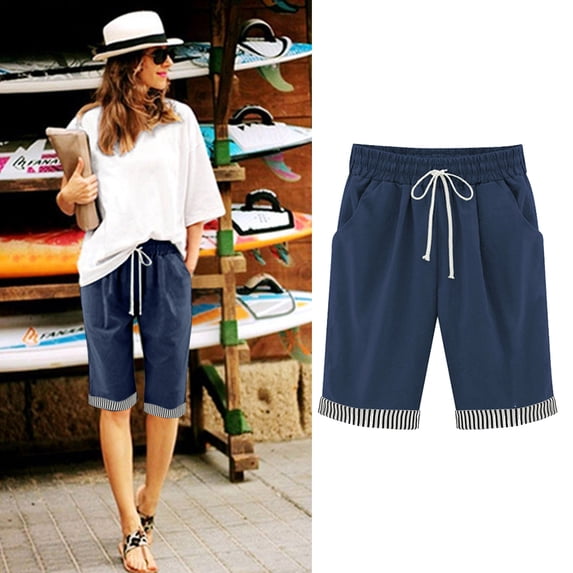 Linen Casual Bermuda Shorts for Women Elastic Drawstring Waist Knee Length Pants Striped Cuffed Hem Summer Beach Bottoms Loose Fit Walking Shorts