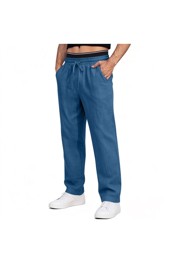 Linen Casual Pants for Men Straight Leg Elastic Drawstring Trousers Lightweight Blend Bottoms Side Pockets Summer Beachwear outfits