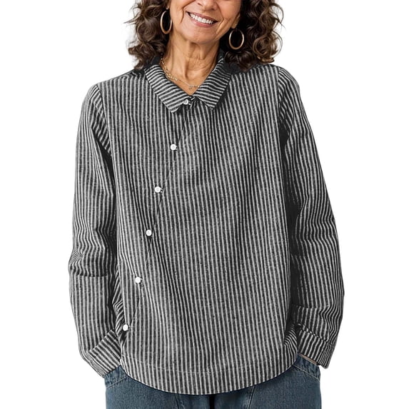 Linen Casual Pinstripe Blouse for Women Long Sleeve Lapel Collar Asymmetric Button Down Shirt Loose Fit Soft Breathable Office Work Tops
