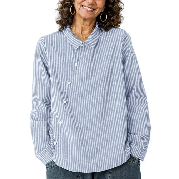 Linen Casual Pinstripe Blouse for Women Long Sleeve Lapel Collar Asymmetric Button Down Shirt Loose Fit Soft Breathable Office Work Tops