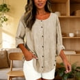 thumbnail image 1 of Linen Casual Striped Blouse for Women Vertical Stripe Pattern Button Down Shirt Roll Up Long Sleeve Crewneck Relaxed Fit Lightweight Breathable Work Office Top, 1 of 8