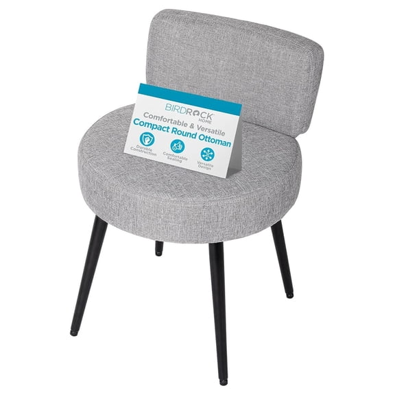 Linen Chair w/Back - Small Padded Footrest - Compact Round Ottoman Foot Stool - Living Room, Office, Dorm Chair - Upholstered Soft Seating - Black Metal Legs - Couch, Desk, Sofa - Grey